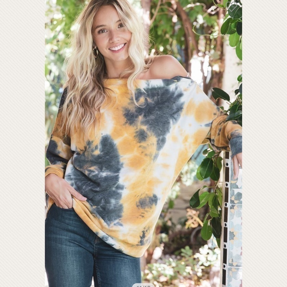 Navy/mustard Tie Dye Top w/Zipper Detail